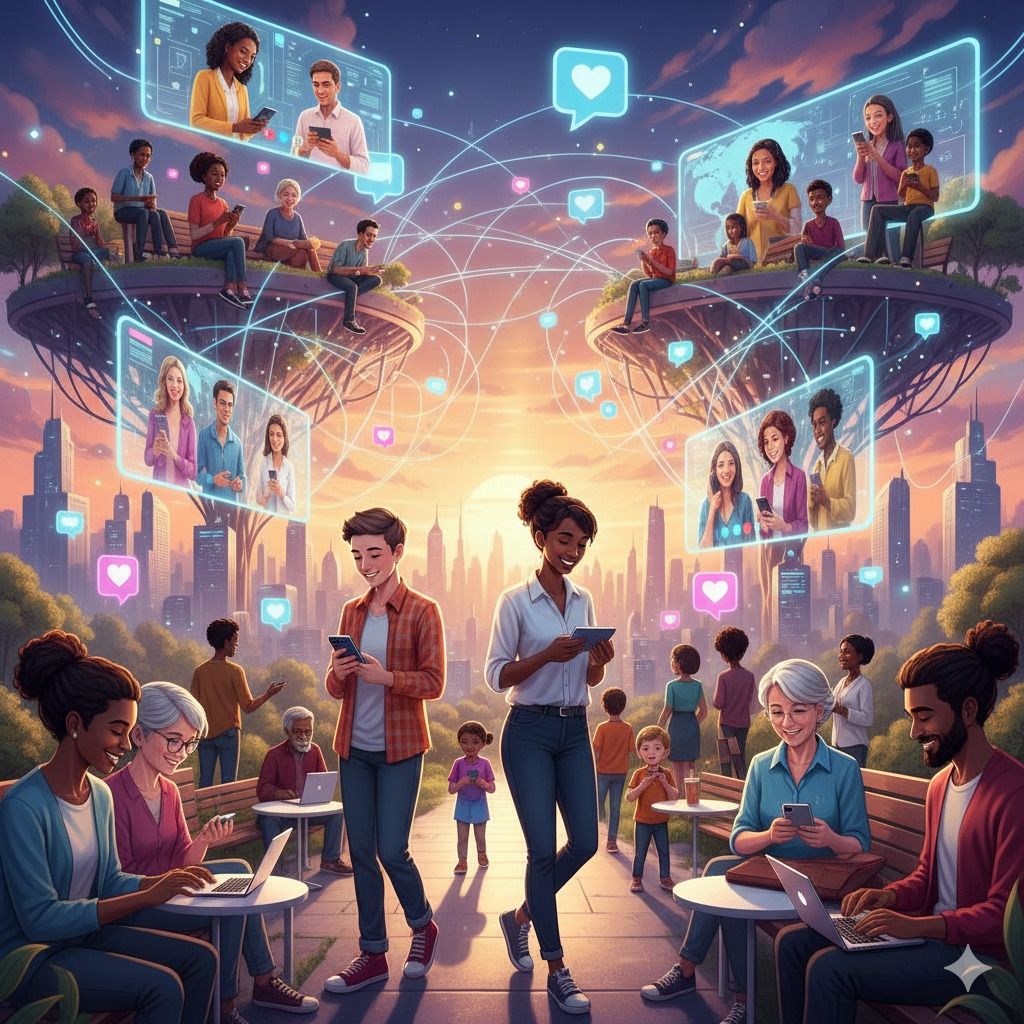 A group of people looking at and using their smartphones, interacting individually or within a social setting.