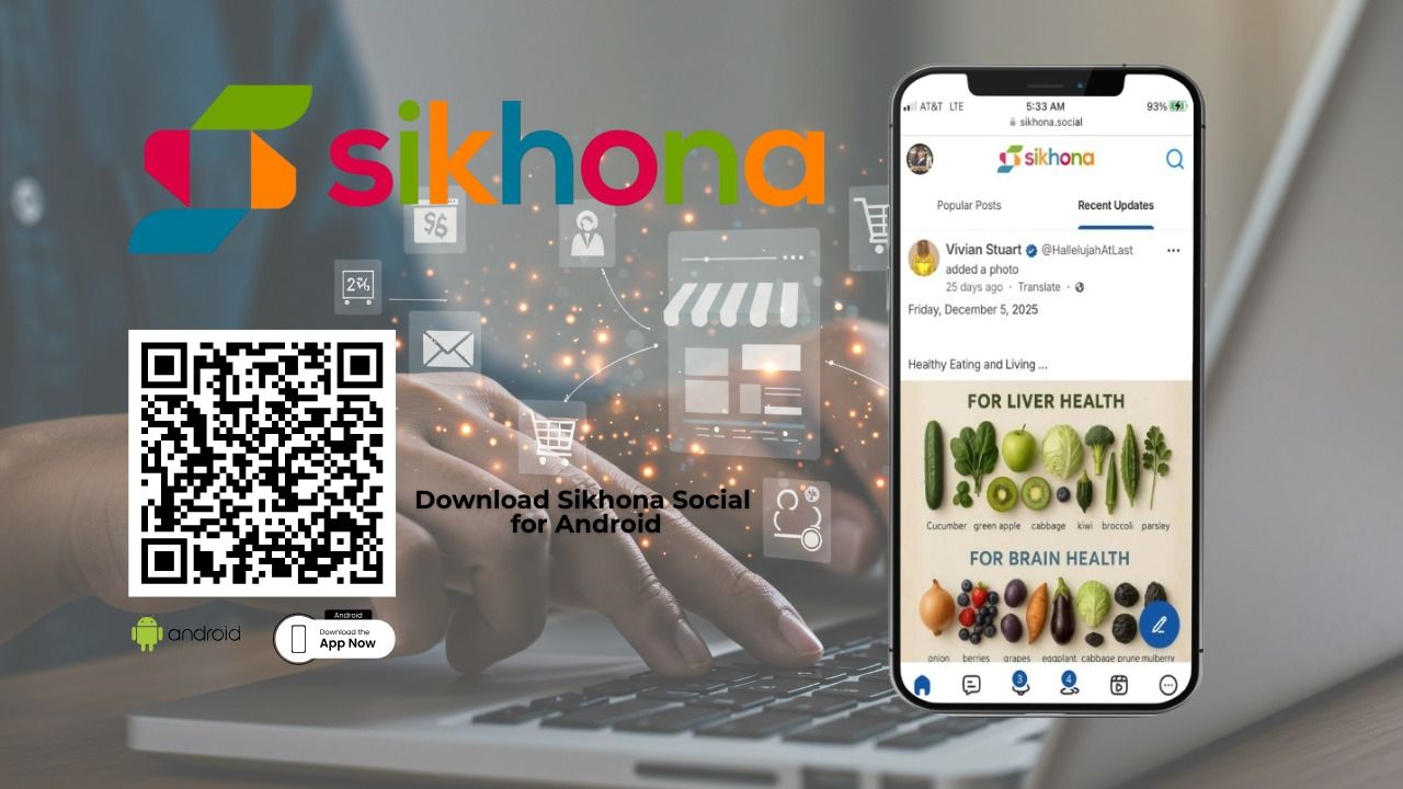Cellphone mockup displaying the Sikhona Social app interface on screen.